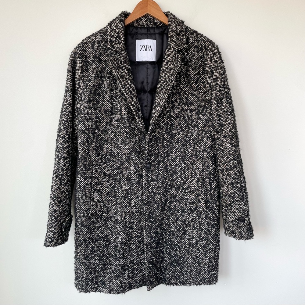 Zara Oversized Boucle Black/Brown/Grey Woven Wool Blend Front Button Jacket L